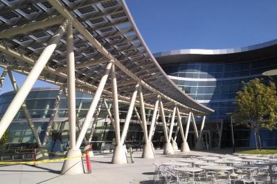 Ground level view looking up at Salt Lake City's Public Safety building canopy sun cover